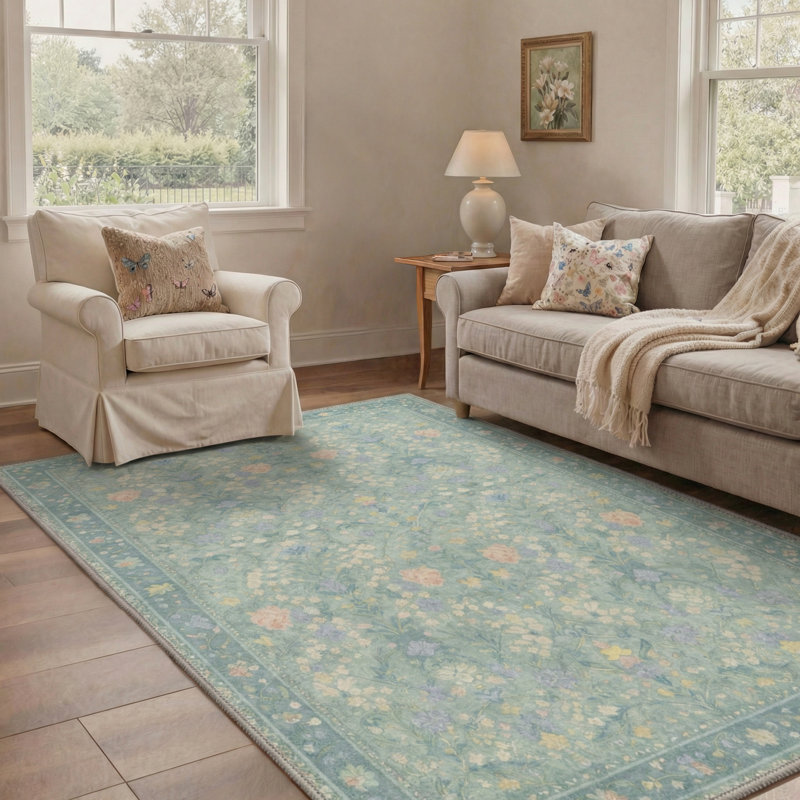 Linden Vintage Floral Machine Washable Green Indoor Area Rug with Non-Slip Backing, Round 5'