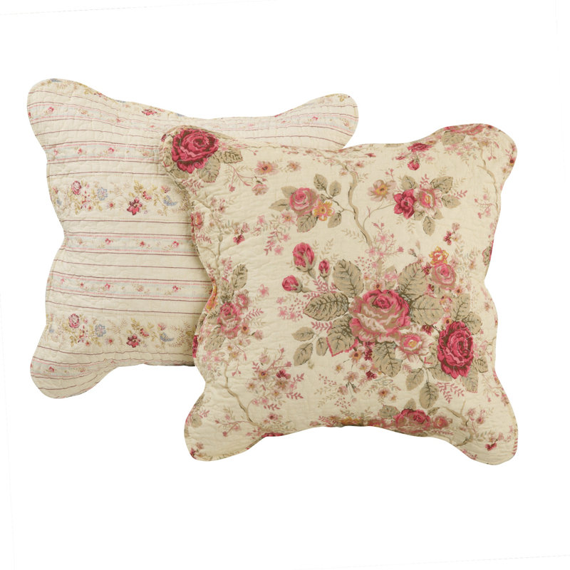 Antique Rose Cotton Reversible Quilt Set with Throw Pillows, Beige, Twin/Twin XL Quilt + 1 Sham + 2 Throw Pillows