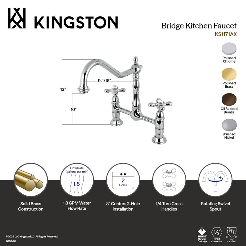 Robinet de cuisine à deux poignées à fixation sur le comptoir à deux trous Kingston Brass, Chrome poli