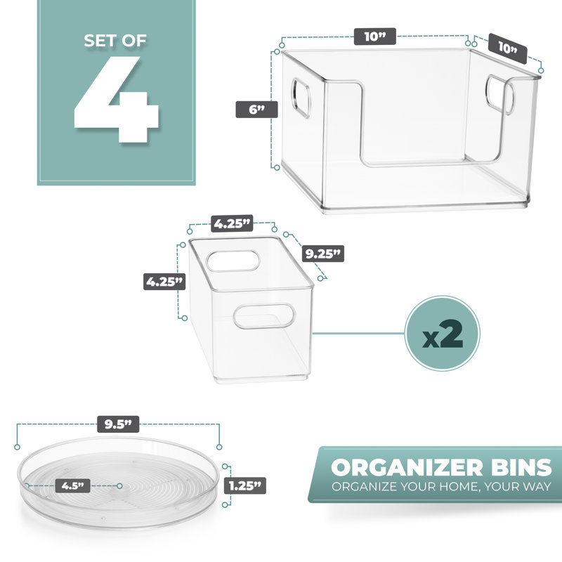 Sorbus Pantry Organizers and Storage Set (Set of 4) 1 Large Stackable Storage Bin Open Front 2 Narrow Stackable Storage Bins 1 Lazy Susan Organizer for Fridge, Clear Pantry Storage Bins