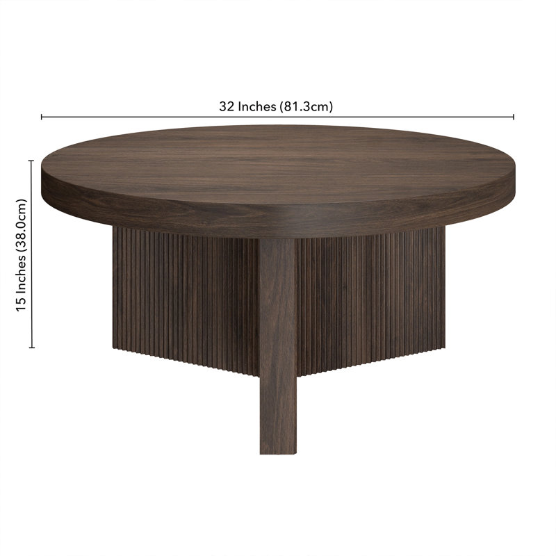 32" Wide Round Coffee Table with Fluted Base — Alder Brown Scandinavian MDF Centre Table for Living Room | Holm, Alder Brown