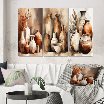 3 Piece Print Set - Brown and Cream Earthen Elegant Vase