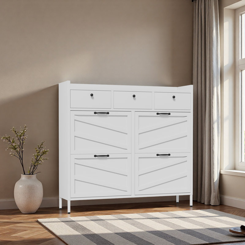 Metal Shoe Cabinet White - 4 Flip Drawers + 3 Drawers, Slim 11.8"D Freestanding Steel Shoe Organizer, Anti-Tip Hidden Entryway Shoe Rack