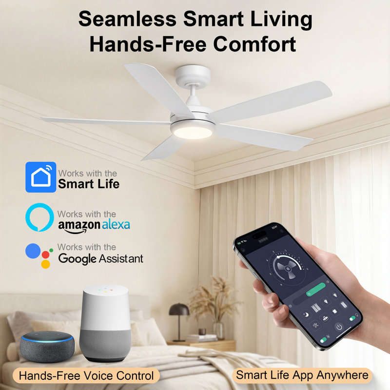 52" 5-Blade Smart Ceiling Fan with Light, WiFi/APP/Voice/Remote, 6 Speed High Airflow DC Motor, White, White