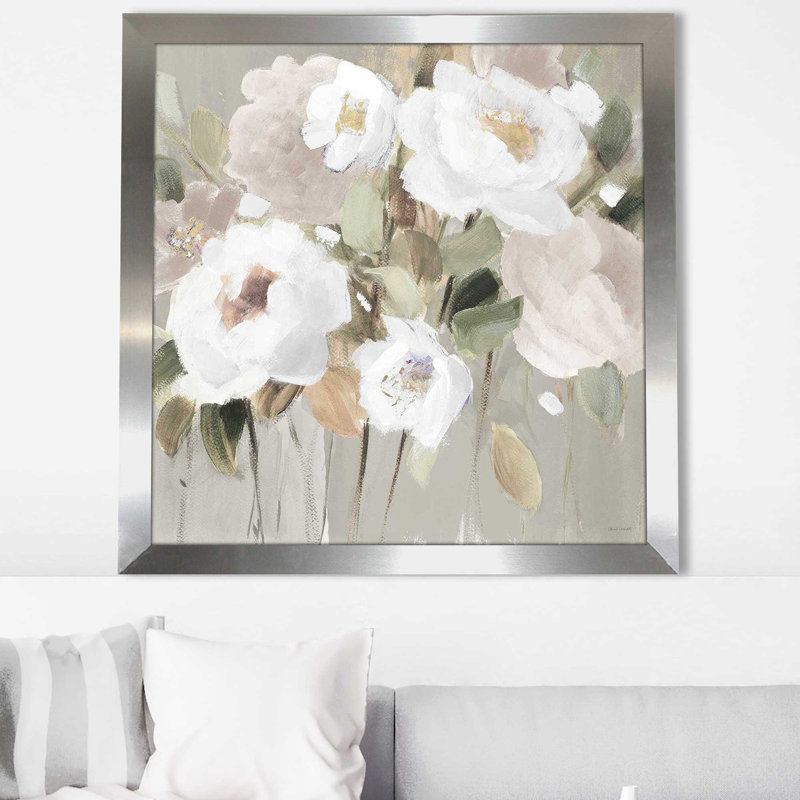 Promise of Giverny Neutral II par Lanie Loreth - Peinture, H 25,5 po x l 25,5 po x P 1 po, Encadrement argenté