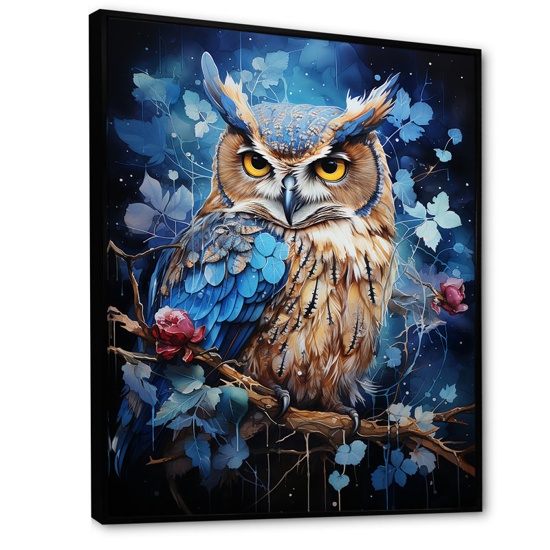 Chouettes bleues au clair de lune I, Cadre flottant noir, H 32 po x l 16 po x P 1 po