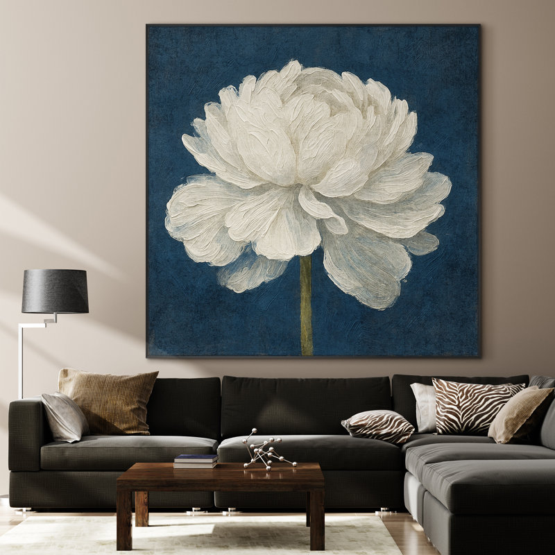 Très grande reproduction d'art sur tissu - Élégante pivoine blanche à motif floral classique pour des espaces modernes et sophistiqués, décoration pour salon ou chambre à coucher - «Assemblage requis du cadre (cadre non fini)»