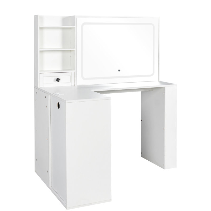 Coiffeuse blanche avec multiprise, 3 grands tiroirs et miroir large