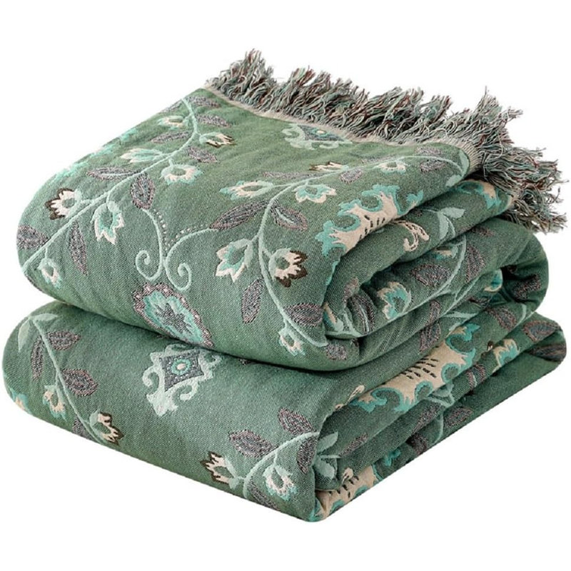 Housse de couette 100% coton DONEUS Boho, Vert / fleur jaune, Lit double
