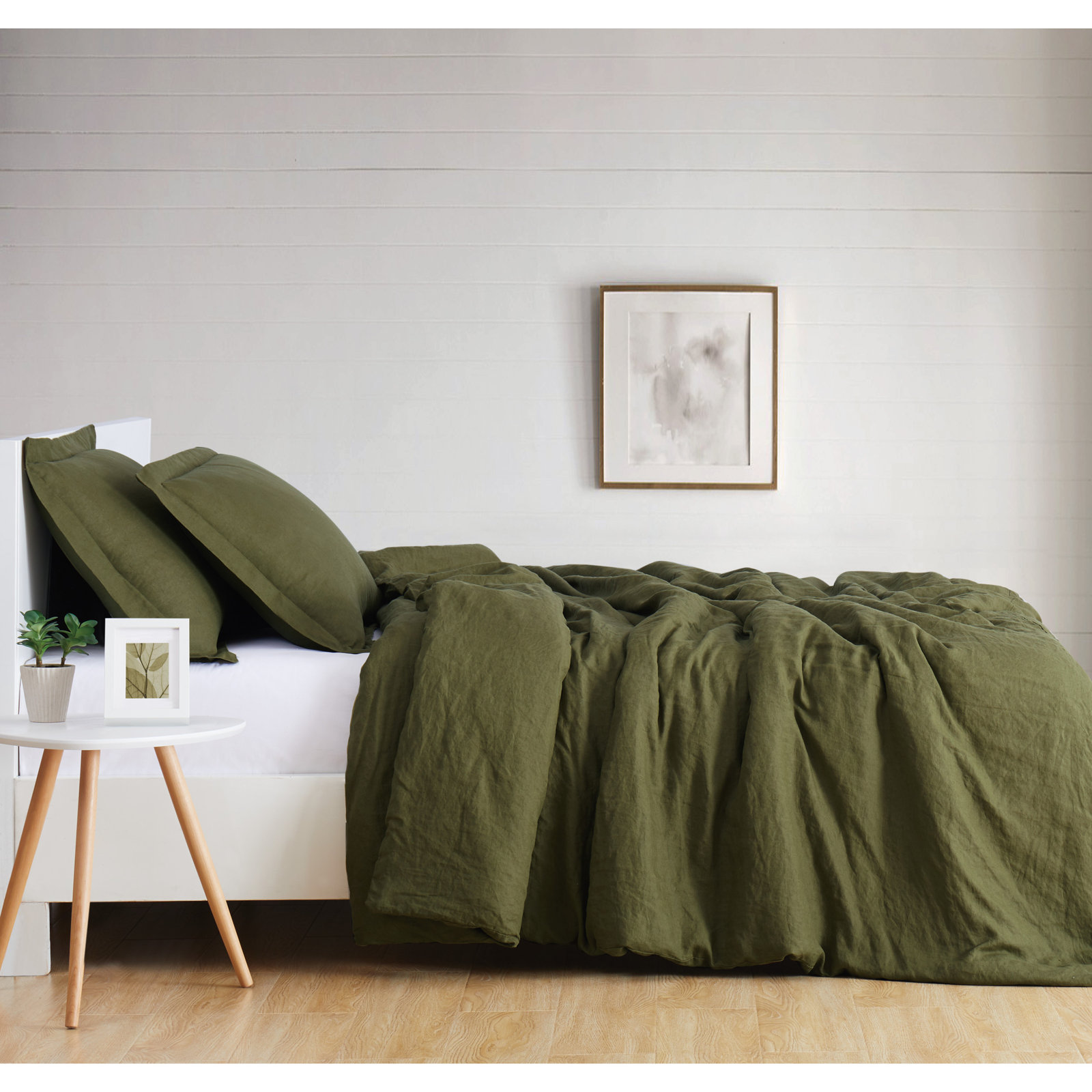 Nena Linen Duvet Cover Set, King, Olive Green