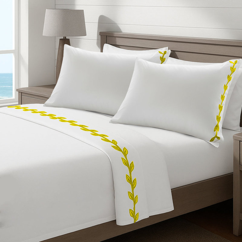 Layered Leaf Applique Cotton Sheet Set, Yellow/White, King Fitted Sheet