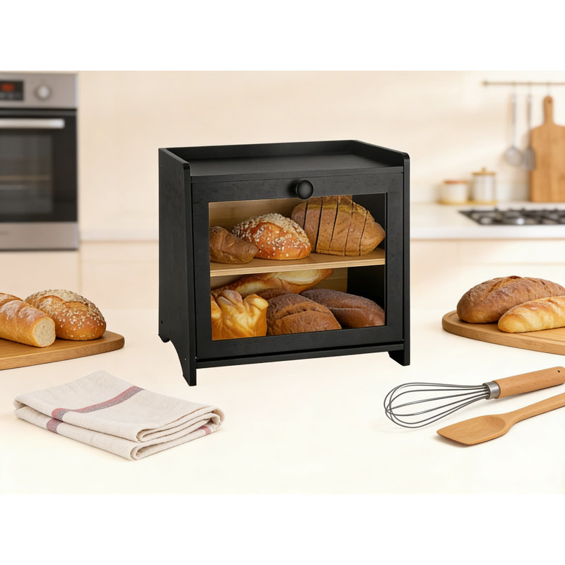 Boîte à pain en bambou avec fenêtre transparente, contenant de rangement à 2 niveaux pour le pain et les produits de boulangerie, organisateur de comptoir de cuisine de grande capacité avec loquet magnétique