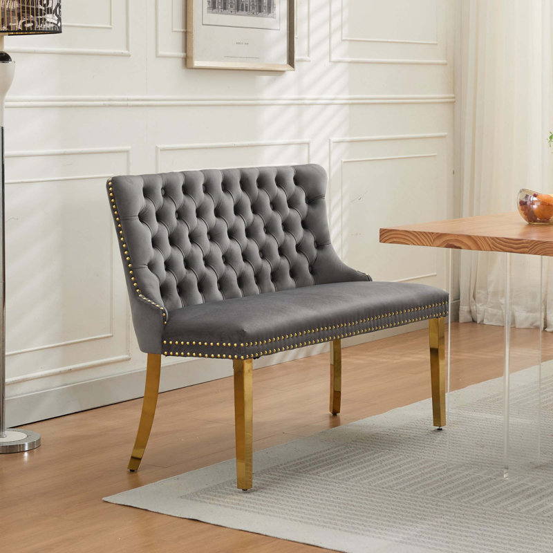 Banc capitonné en velours à deux oreilles avec boutons faits à la main, Gris, Doré