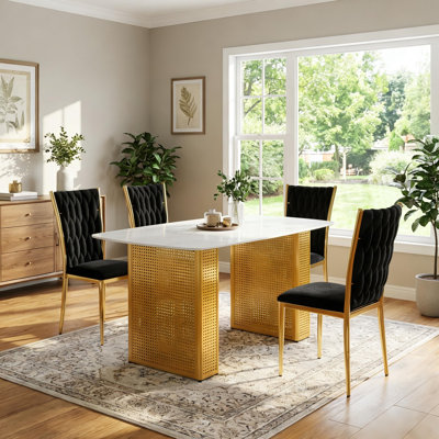 Ensemble de table de salle à manger rectangulaire en marbre de 55 po pour 4 personnes, ensemble de table de salle à manger moderne en faux marbre avec 4 chaises en velours, ensemble de table de cuisine 5 pièces pour la salle à manger et la cuisine