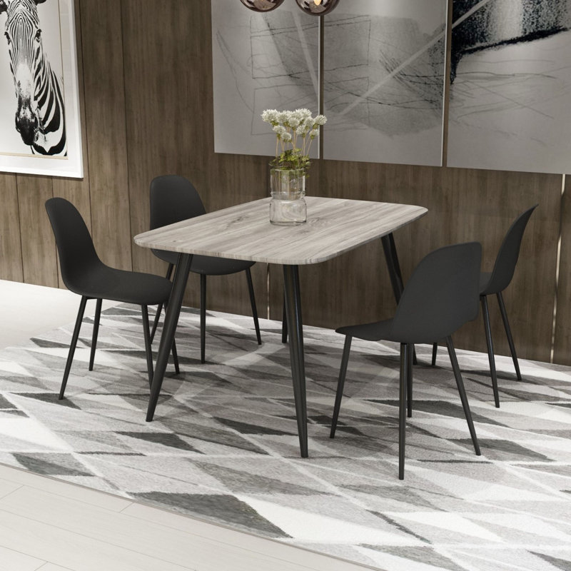 Huetter 5-Piece Casual Dining Set - Spacious Rectangular Table & 4 Curved Plastic Chairs, Grey, Black
