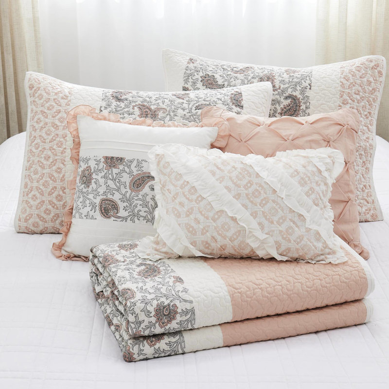 King/ King Blush Quilt , 6 Piece, Cotton , Reversible With Pillow Accumulation Bedroom Piece Pillows, Blush