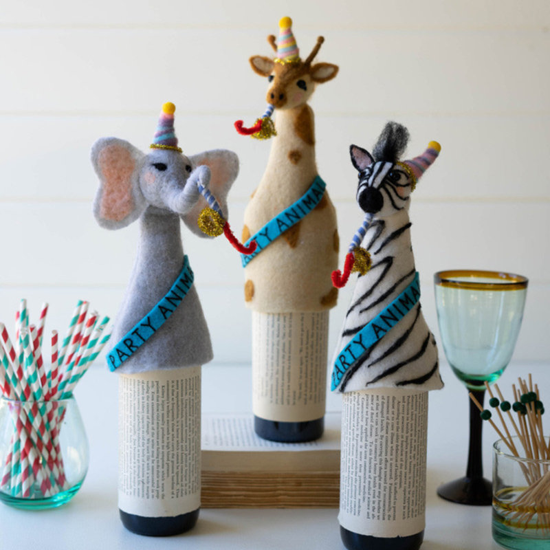 The Holiday Aisle® Set Of 3 Modern Felt Party Animal Bottle Toppers In Multicolor