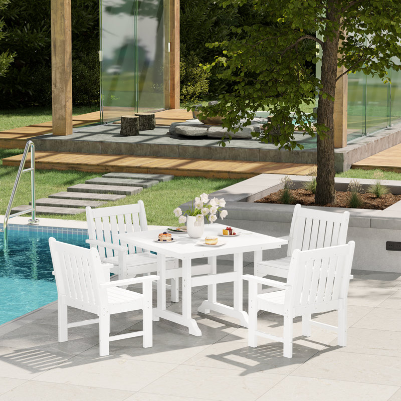 Laguna Poly 5-Piece Square Table Garden Arm Chair Dining Set, White