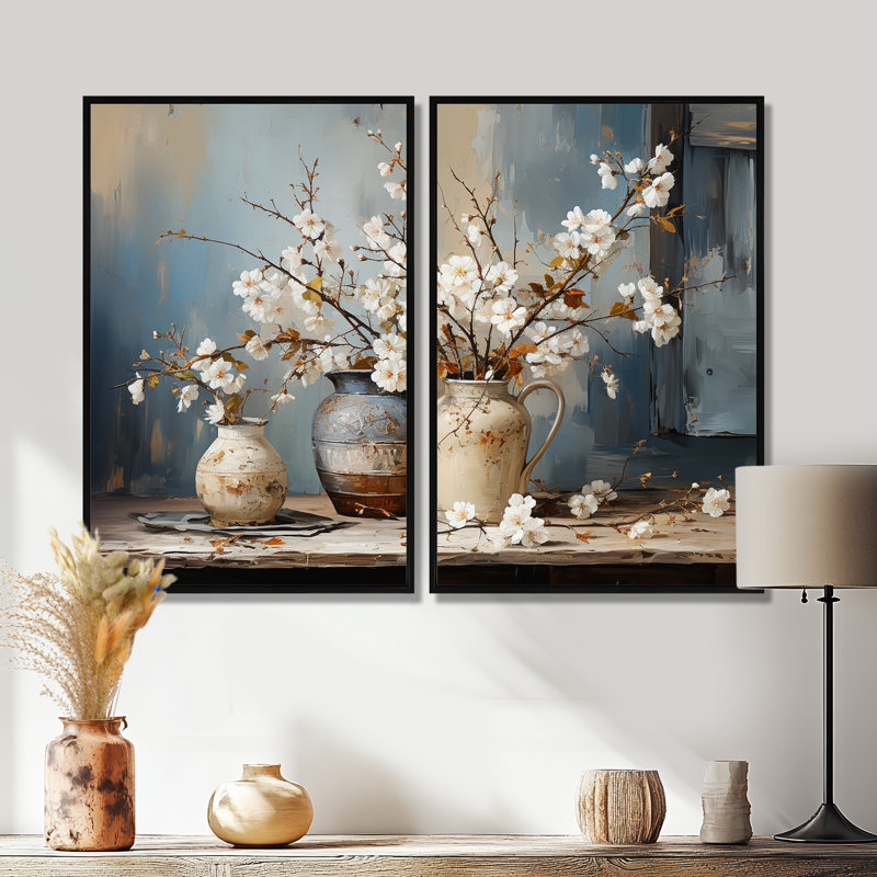 Art mural de poterie et de fleurs nature morte I - grands arbres, H 36 po x l 48 po, Impression encadrée flottante, Noir