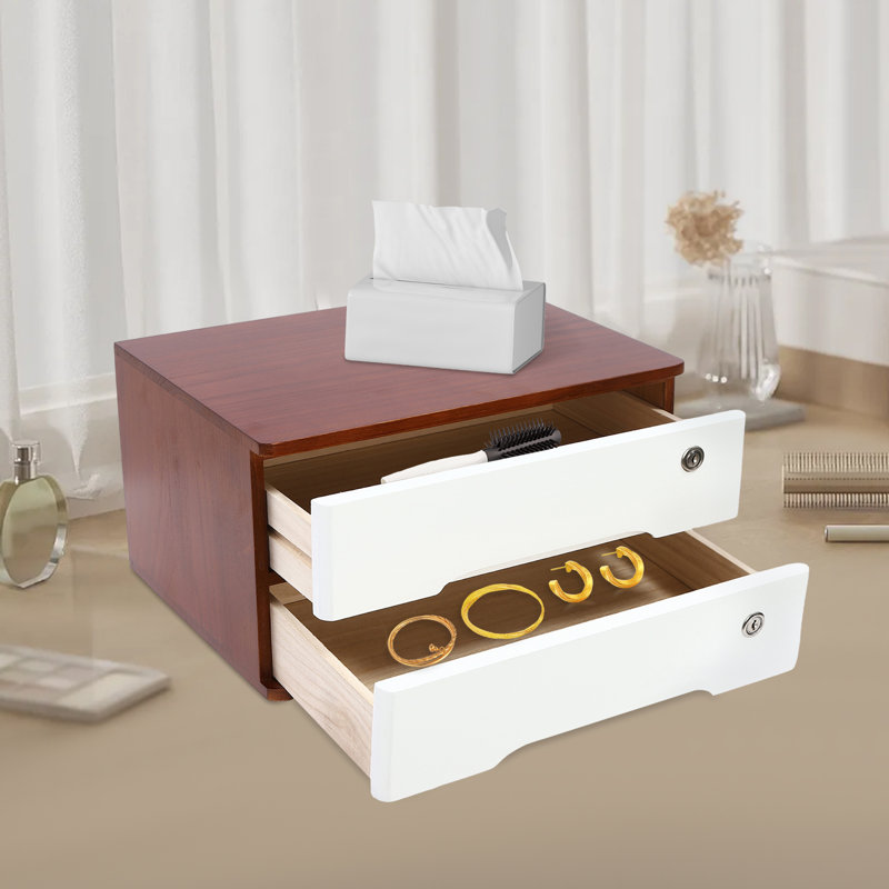 Boîte de rangement de bureau en bois à 2 niveaux avec tiroirs verrouillables, noyer, blanc, Brun / Blanc