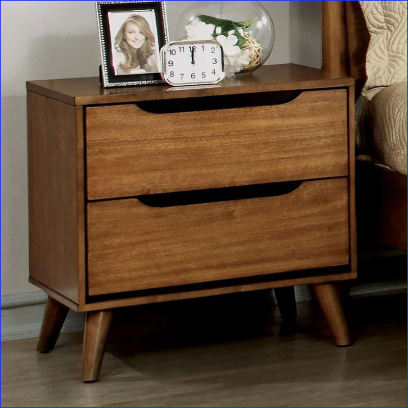 Table de chevet 2 tiroirs Mid-Century, Beige