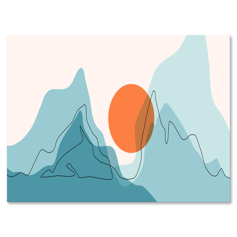 Red Moon Over Abstract Blue Mountains I - peinture sur toile, H 16 po x l 32 po x p 1 po, Toile tendue