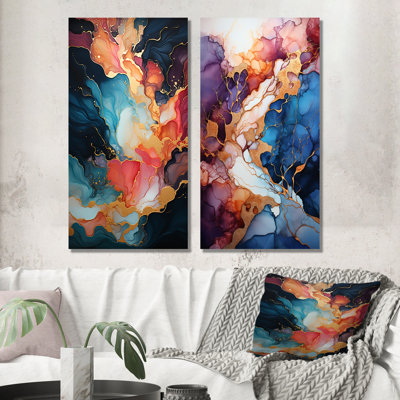Rose et bleu tourbillonnant, peinture fluide IV - ensemble de 2 reproductions d'art abstrait