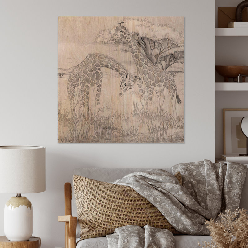 Girafes noires et blanches en safari - impression traditionnelle sur bois, H 30 po x l 30 po x P 1 po
