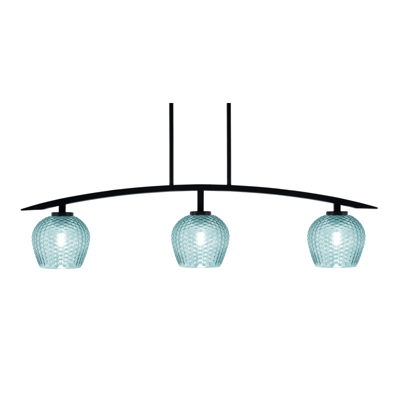 Kurve 3 Light Island Light Shown In Matte Black Finish With 6" Turquoise Textured Glass