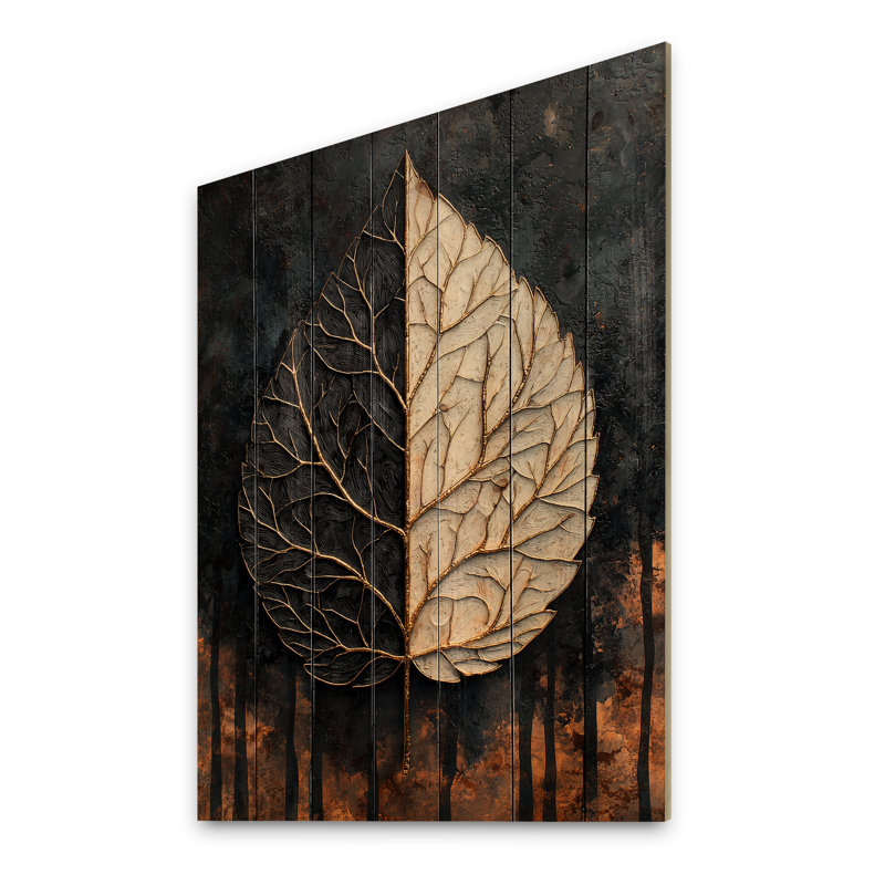 Modern Dark Leaves Symmetry Of Winter II - Leaves Wood Wall Art - On Natural Pine Wood, 40" H x 30" W x 0.78" D