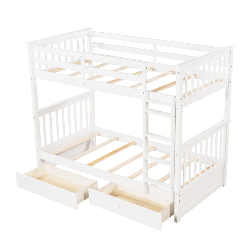 Lit superposé Twintwin avec échelles, blanc, 2 rangements - Solution de chambre polyvalente avec tiroirs et échelles blancs pour plus de capacité
