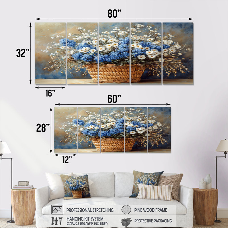 Ensemble de fleurs bleues et blanches, H 28 po x l 60 po