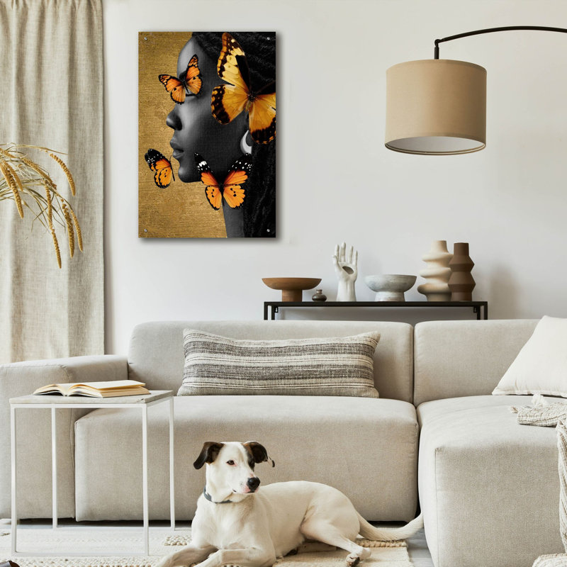 Art mural en verre épique «Monicolore Golden Butterfly 1» par Alonzo Saunders, 24 po x 36 po, H 36 po x l 24 po