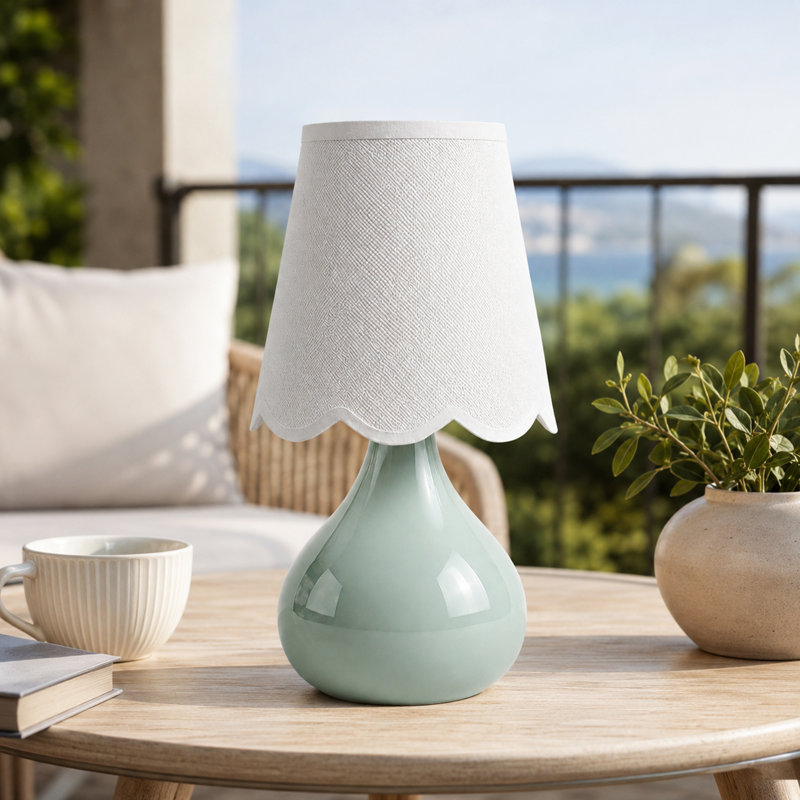 14" Cordless Sage Green Ceramic Bedside Lamp with Scalloped Linen Shade and LED Bulb, Green