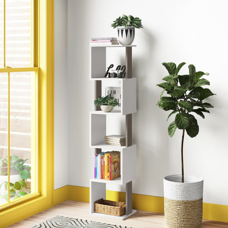 Chane Wall-Mounted Bookcase with 5 Shelves | Modern Storage Unit for Home or Office, White/Light Mocha