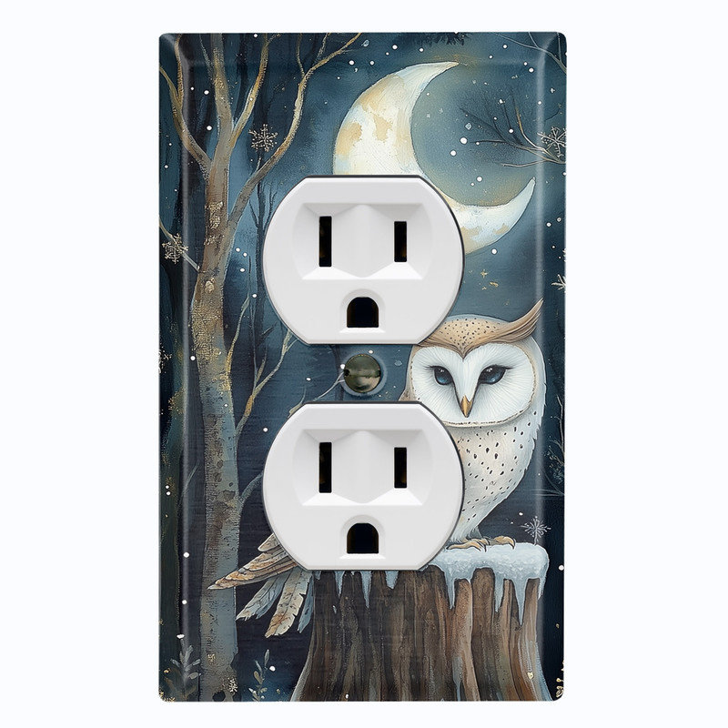 Couvercle de plaque d'interrupteur en métal; Recto-verso standard US 1 bande - Hibou des bois enchanté, Prise double # 8
