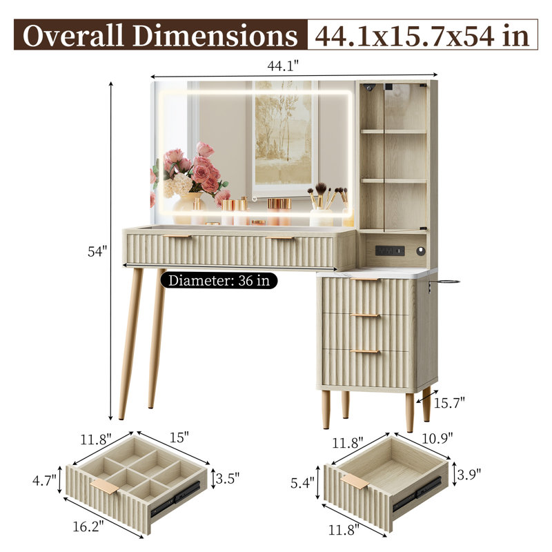 Meuble-lavabo cannelé avec miroir éclairé, miroir HD 36 pouces avec 3 modes de couleur, coiffeuse en verre avec station de charge, 5 tiroirs et tablettes, coiffeuse en bois pour la chambre à coucher, chêne