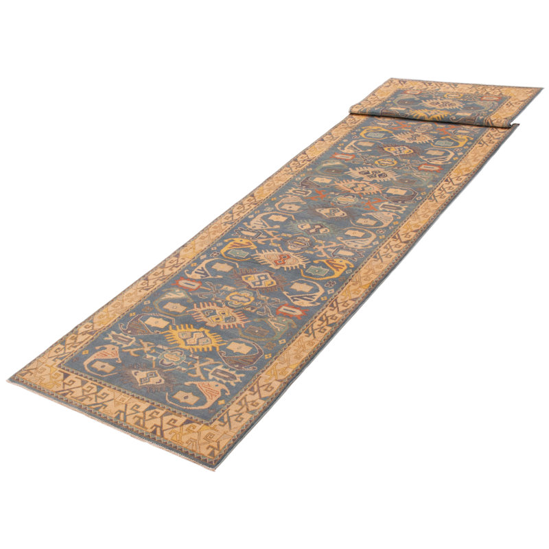 Tapis de couloir bleu nouvel âge en laine 3 pi 10 po x 19 pi Zakhir