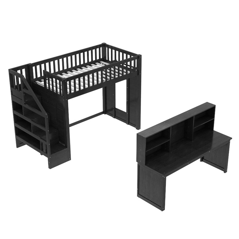Lit mezzanine avec bureau mobile intégré, Noir anthracite, Simple