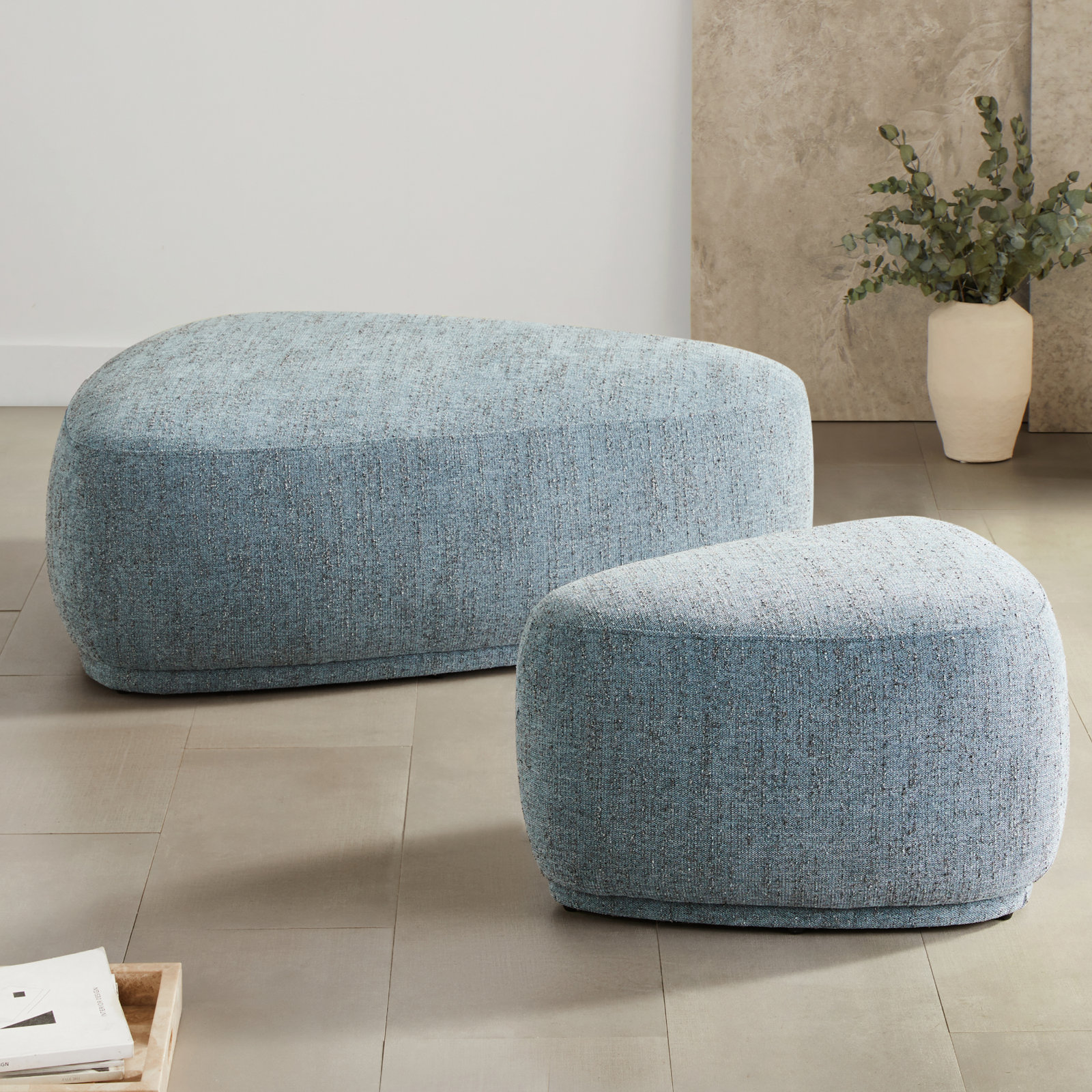 Adna Triangle Cocktail Ottoman (set Of 2), Mellow Steel Blue Boucle