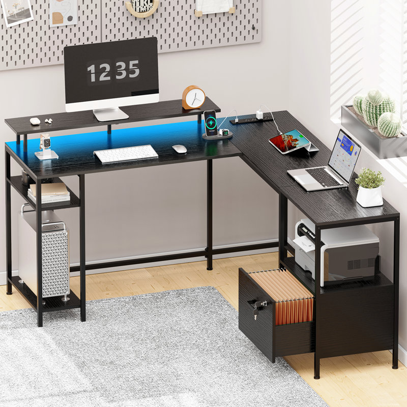 Kymberlyn 54" Reversible L Shaped Computer Desk with Power Outlets, LED Lights, Storage Shelves & File Cabinet, Black