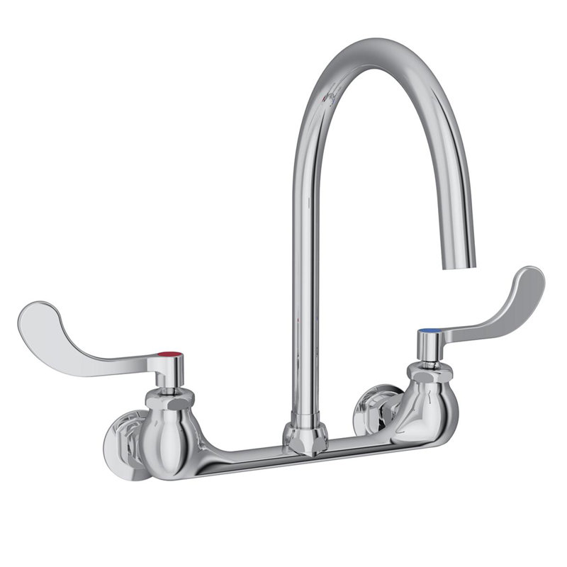 8" Centerset Deck Mount Laminar Flow Faucet with 8" Gooseneck Spout 4" Wristblade Handles 1/2"  Offset Inlets