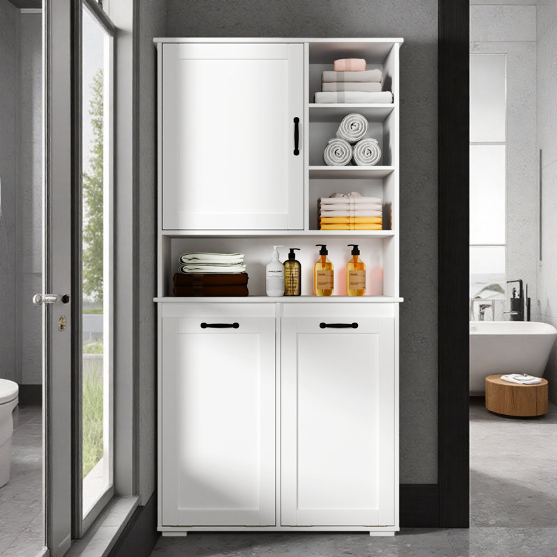Armoire de buanderie avec portes et tablette, panier à linge inclinable, plusieurs espaces de rangement, style autoportant, tablette ouverte, tablette réglable