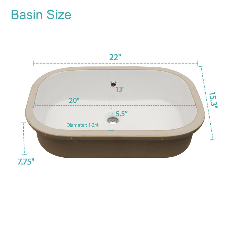 Lavabo de salle de bain rectangulaire encastré en céramique blanc avec trop-plein 22 po x 15,3 po
