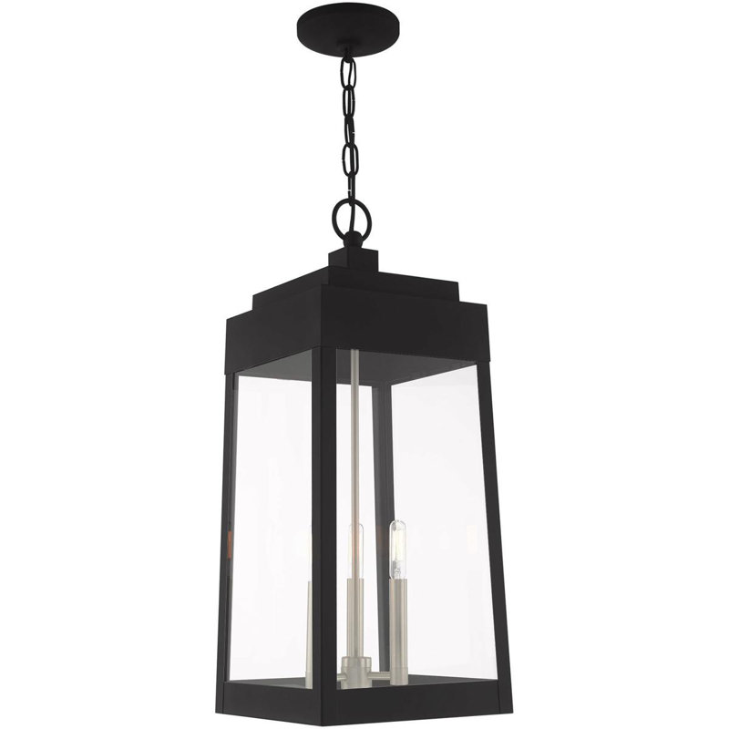 3 Light Outdoor Pendant Lantern with Clear Glass Shade, 24.50" H x 10.50" W x 10.50" D, Black/Nickel