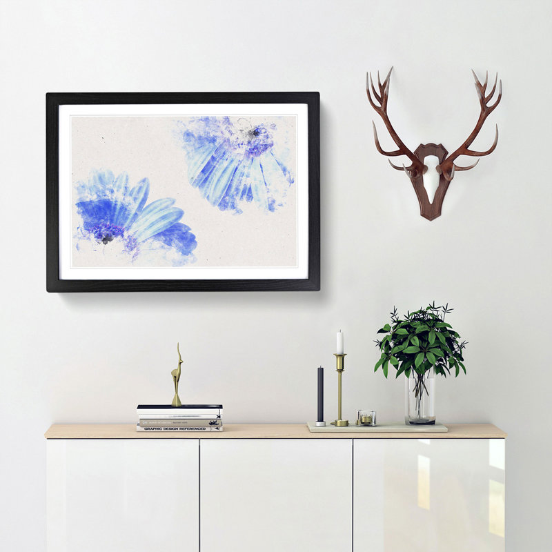 Two Blue Flowers - Single Picture Frame Print on MDF, 33cm H x 45cm W x 2cm D, Black