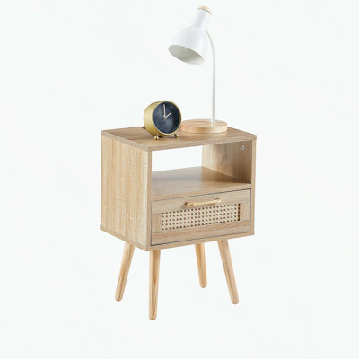 15.75" Rattan End table with Power Outlet  & USB Ports , Modern nightstand with drawer and solid wood legs, side table for living room, bedroom,natural