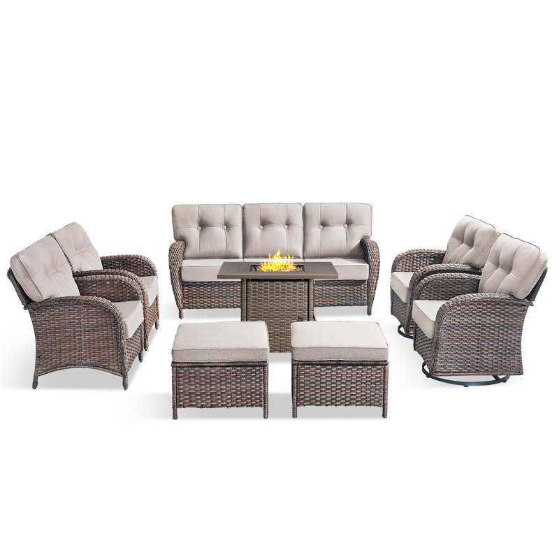 Teebeck 8-Piece Wicker Rattan Patio Conversation Set With Square Fire Pit Table And Swivel Chairs, Beige