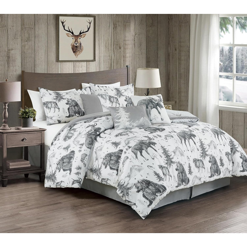 Denver 7-Piece Grizzly Bear Wolves Moose Cabin Lodge Comforter Set, Full Comforter+2 Standard Shams+3 Throw Pillows
