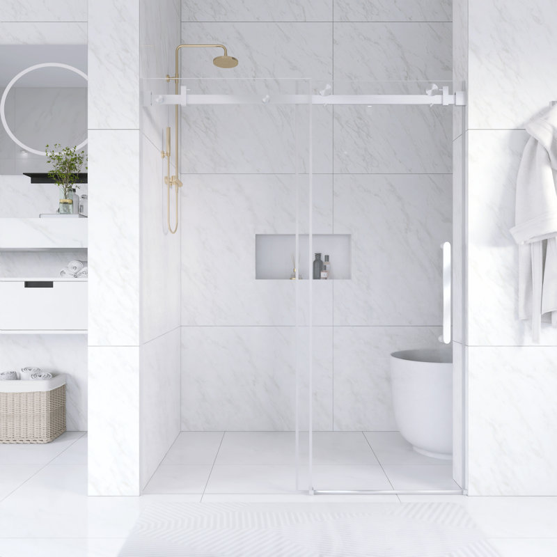 56 In. -60 In. W × 76  In. H Frameless Single Sliding Shower Door With 1/4"Clear  Tempered Glass In Brushed Nickel |  Explosion Proof Film | Square Tube Track | Stainless Steel Handle